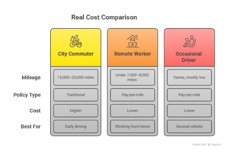 Infographic comparing real cost examples for City Commuter, Remote Worker, and Occasional Driver 