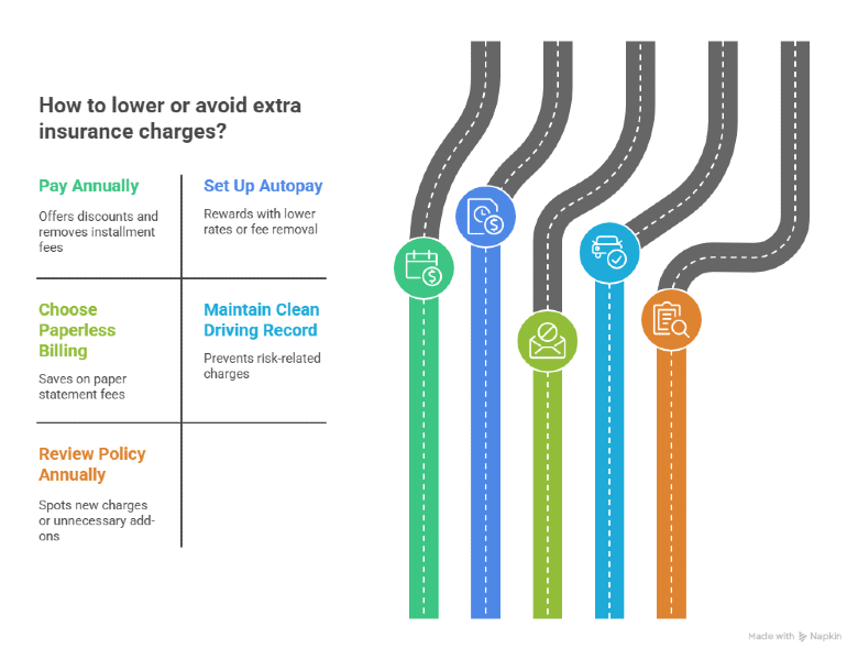 Illustration showing ways to lower extra insurance charges, including paying annually, setting up autopay, choosing paperless billing, maintaining a clean driving record, and reviewing the policy annually