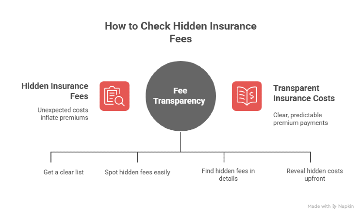 Diagram explaining how to check hidden insurance fees, highlighting fee transparency, identifying unexpected costs, reviewing details, and comparing transparent insurance costs.