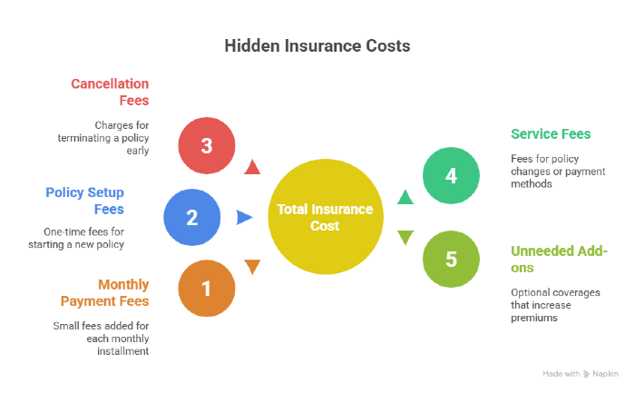 Visual breakdown of common hidden insurance costs such as monthly payment fees, policy setup fees, cancellation fees, service fees, and unnecessary add-ons impacting total insurance cost