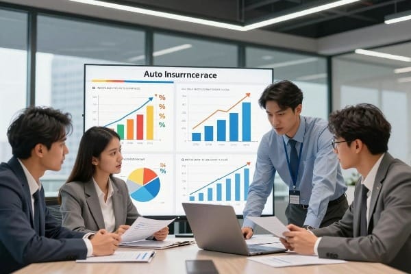 Team reviewing charts and graphs showing auto insurance rate trends and premium increases during a business meeting